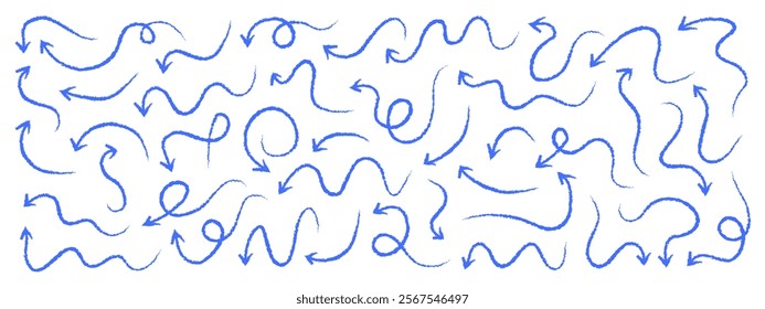 Collection of blue crayon squiggle line arrows. Line curved chalk effect doodle vector arrows