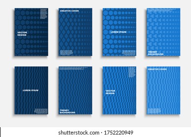 Collection of blue creative covers, templates, posters, placards, brochures, banners, flyers and etc. Abstract geometric backgrounds - halfton fashion prints.