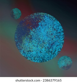 A collection of blue cubes forming three scattered balls, with a colorful gradation background in the dark