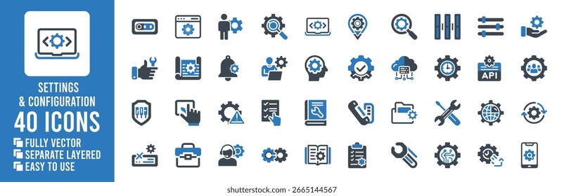 Una colección de íconos azules y azules oscuros que representan la configuración de las Configuraciones y los conceptos relacionados con la tecnología.