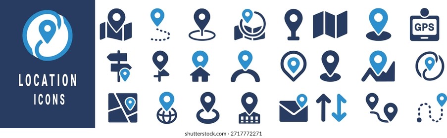 Collection of blue and dark blue location map pin icons and navigation symbols vector 1