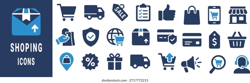 Colección de las compras azules y azules oscuras y de los iconos del comercio electrónico en una venta al por menor del fondo blanco