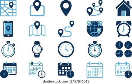 A collection of blue and dark blue vector icons illustrating time and navigation concepts, including clocks, calendars, maps, and location markers, for use in design and digital applications.