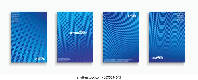 Collection of blue digital contemporary covers, templates, posters, placards, brochures, banners, flyers and etc. Abstract halftone backgrounds - technology minimalistic design.