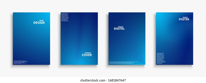 Collection of blue digital contemporary covers, templates, posters, placards, brochures, banners, flyers and etc. Abstract striped futuristic backgrounds with gradient. Halftone technology design.