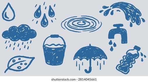 A collection of blue doodle icons representing various aspects of water, including rain, drops, a cloud, a bucket, ripples, a faucet, an umbrella, a leaf, and a water bottle.