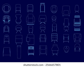 Collection of blue drawings of various chairs and couches. The chairs and couches are all different shapes and sizes, but they all have a similar design. Scene is one of creativity and imagination