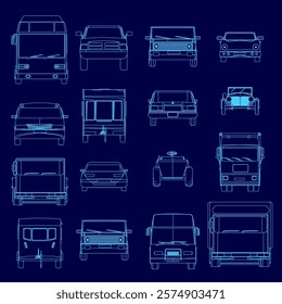 Collection of blue drawings of various vehicles, including cars, trucks, and buses. The drawings are stylized and abstract