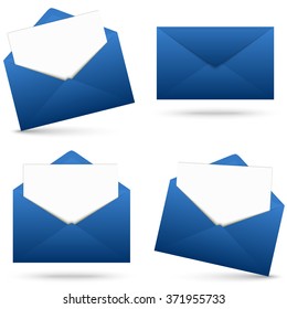 collection of blue envelopes opened with empty white paper and shadow