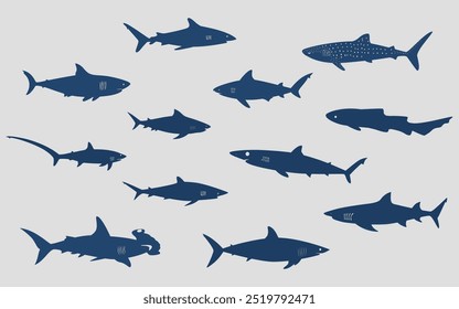 Sammlung von Blauen flachen Hai Icons. Gefährliche Haie. Vektorgrafik auf grauem Hintergrund
