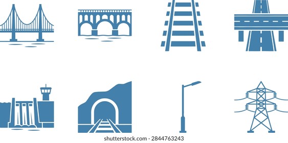 A collection of blue flat vector icons representing various types of civil engineering infrastructure, bridges, transport, and energy systems.