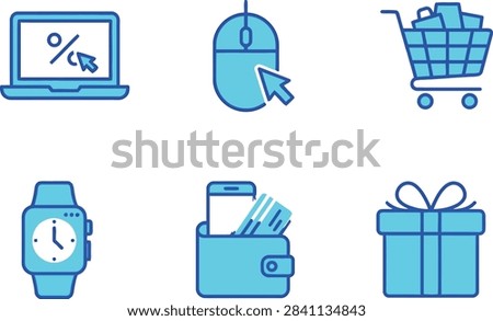 A collection of blue flat vector icons representing e-commerce, online shopping, digital payments, and retail technology concepts.