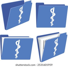 Collection of blue folder icons with doctor's caduceus symbol empty or filled with documents isolated (cut out)