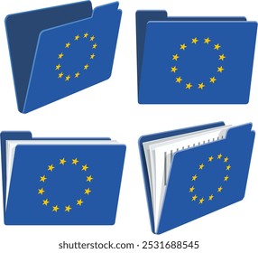 Collection of blue folder icons with golden circle of european union flag stars empty or filled with documents (cut out)