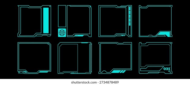 Colección de marcos cibernéticos futuristas azules con estilo HUD de ciencia ficción. Limpie los bordes técnicos para la interfaz de usuario, el panel, la superposición y los diseños de la interfaz. Vector totalmente editable listo para uso digital comercial.