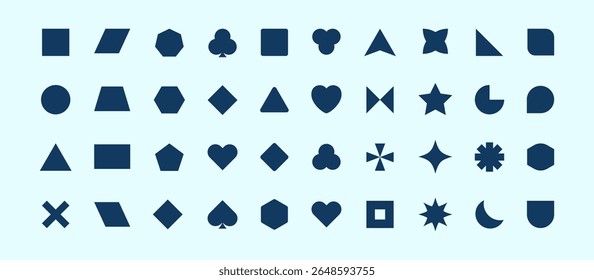 Collection of blue geometric and abstract shapes arranged in rows on a light blue background, showcasing design diversity and visual appeal.