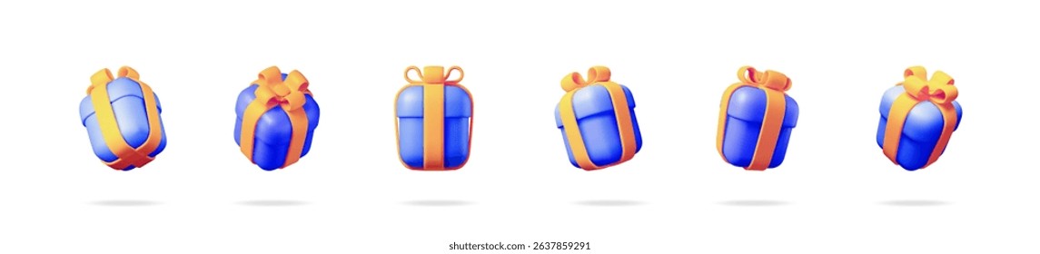 Collection of blue gift boxes with orange ribbons. Set of 3d vector holiday present illustrations for celebration.