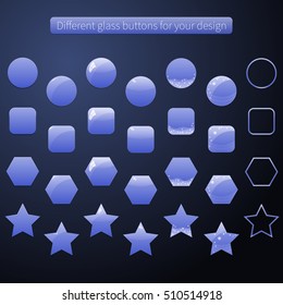 Collection of blue glossy buttons or app banners with different gloss reflection effect and various forms for your design. Vector. Eps10.