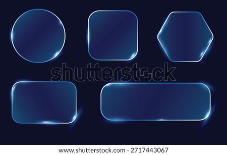 A collection of blue glowing glass frames with various geometric shapes on a dark background