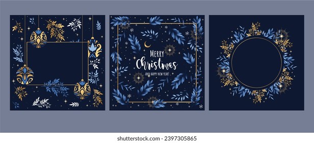 Colección de plantillas artísticas azules y doradas. Feliz Navidad, tarjetas e invitaciones. Diseño de marcos y fondos florales. Ilustración vectorial.