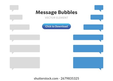 A collection of blue and gray message bubbles in various sizes and shapes, representing chat communication. Isolated on a white background with a download button.