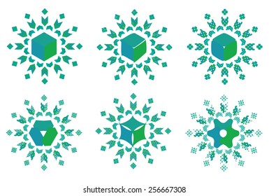 Collection of blue green mandala patterns for logos with different styles