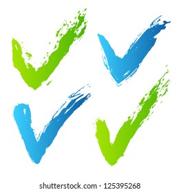 Collection of blue and green painted check marks. Vector set of brush strokes. Isolated on white background. Grunge ticks.