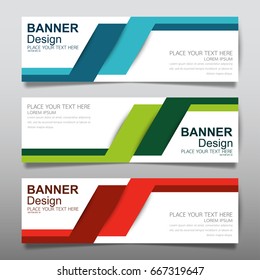 Collection blue green and red horizontal business banner set vector templates. Clean modern geometric abstract background layout for website design. Simple creative cover header. In rectangle size.