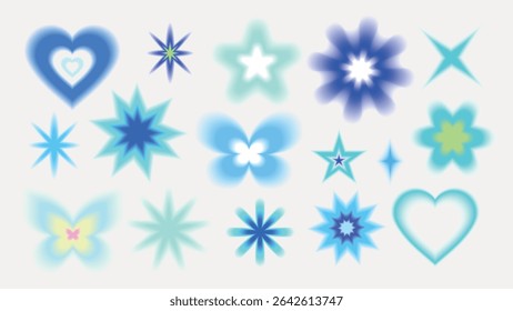 A collection of blue and green star and heart shapes with a glowing effect. Various designs include stars, hearts, and abstract forms in blue and green hues. Cute glowing element set vector.