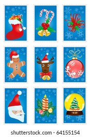 A collection of blue greeting cards with Christmas symbols