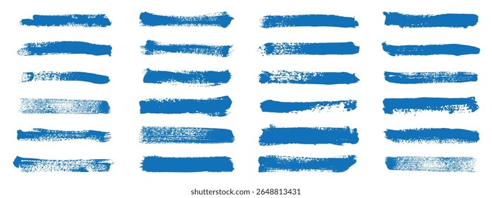 Collection of blue grunge brush strokes with rough textured edges. Ideal for artistic designs, posters, banners, web graphics, and creative projects. High-resolution vector illustration.