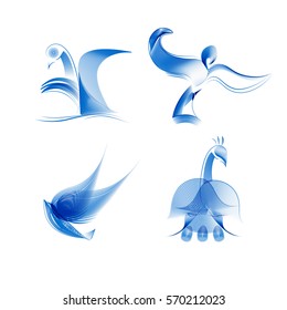 Collection of blue guilloche watermarks, stylized images of birds in motion, swan, dove, peacock, logo set.