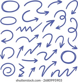 Collection of Blue Hand Drawn Arrows and Circles on Black Background sketch