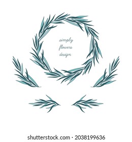 Collection of blue hand drawn wreath and branches.