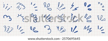 A collection of blue hand-drawn doodles on graph paper. Includes exclamation marks, arrows, and squiggles. Doodles add a playful touch to designs. Colorful doodle elements, vector set.