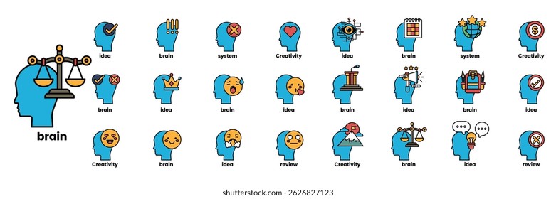 A collection of blue heads with different expressions and words. The heads are arranged in a row and the words are written below them