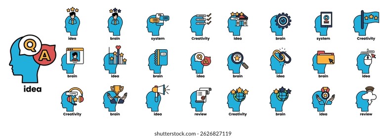 A collection of blue heads with the word "idea" written on them. Each head has a different symbol or design, such as a question mark, a magnifying glass, or a trophy