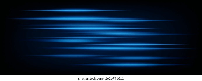 Collection of blue horizontal abstract neon streaks glowing dynamically on dark background. Futuristic speed lines perfect for digital effects, interfaces, tech projects. EPS vector illustration.