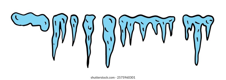 collection of blue icicles illustrated in a doodle style.  various shapes of frozen, icy water icicles suspended against a white background. Depicting hanging ice stalactites