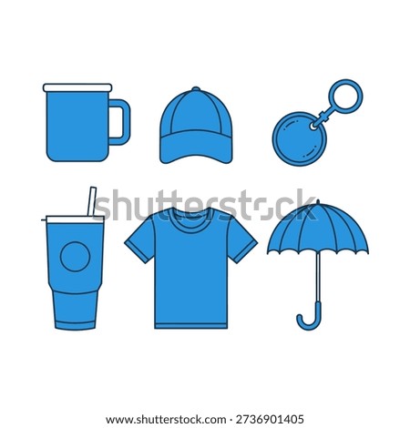 A collection of blue icons representing everyday merchandise and accessories. Vector