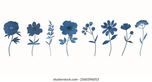 Collection of blue indigo watercolor flower elements vector. Set floral of wildflower, leaf branch, foliage. Hand drawn blossom illustration for decor, wedding card, clipart.