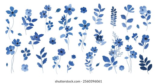 Collection of blue indigo watercolor flower elements vector. Set floral of wildflower, leaf branch, foliage. Hand drawn blossom illustration for decor, wedding card, clipart.