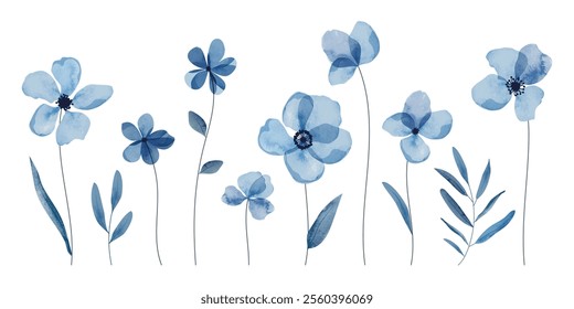 Collection of blue indigo watercolor flower elements vector. Set floral of wildflower, leaf branch, foliage. Hand drawn blossom illustration for decor, wedding card, clipart.