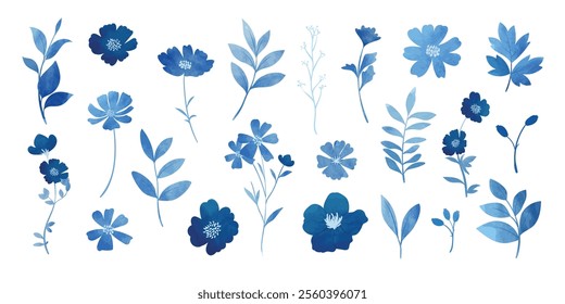 Collection of blue indigo watercolor flower elements vector. Set floral of wildflower, leaf branch, foliage. Hand drawn blossom illustration for decor, wedding card, clipart.