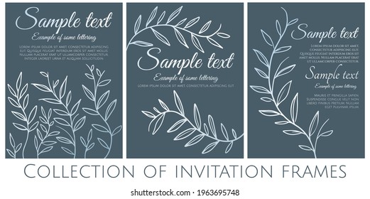collection of blue invitation with simple branches on dark background