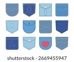 Collection of blue jeans pockets. Denim pocket patches isolated on white background. Vector illustration