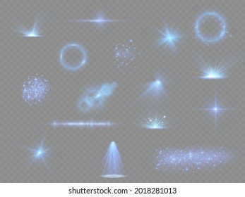 Collection blue light effect on a transparent background. Spotlights, flare, explosion and stars. Laser beams, horizontal light rays. Sparkling blue dust. Vector illustration, eps 10.