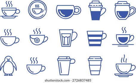 Colección de tazas de café de línea azul y bebida de pingüino