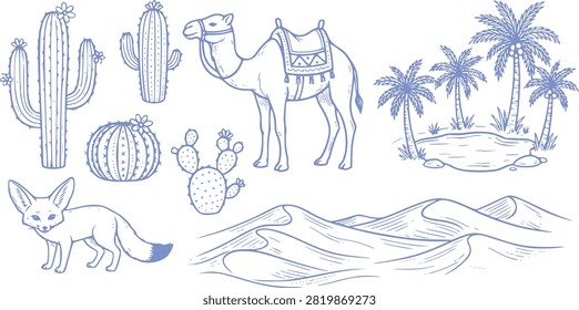 A collection of blue line depicting desert A camel stands centrally, adorned with a patterned saddle. To its left are various cacti, including a tall saguaro-like cactus with flowers, a round barrel cactus, and a prickly pear cactus. A fennec fox with large ears is positioned in the lower left. In the upper right, palm trees surround a small oasis with rocks. The lower portion of the stylized sand dunes with flowing lines.