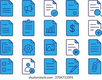 Una colección de iconos de documentos de línea azul, que representan varios conceptos de archivo y papeleo, perfecto para el Diseño web, interfaces de App y Elementos de interfaz fáciles de usar